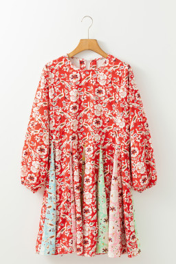 Red Boho Floral Patchwork Long Sleeve Pleated Dress