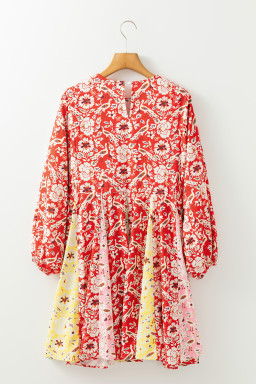 Red Boho Floral Patchwork Long Sleeve Pleated Dress