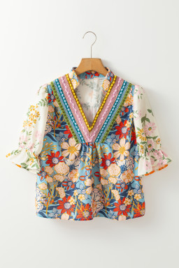 Multicolour Half Sleeve Boho Floral Pop of Color Neckline Blouse