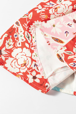 Red Boho Floral Patchwork Long Sleeve Pleated Dress