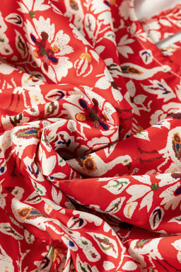 Red Boho Floral Patchwork Long Sleeve Pleated Dress