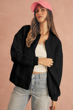 Black Floral Embossed Plain Zip Up Jacket