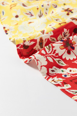 Red Boho Floral Patchwork Long Sleeve Pleated Dress