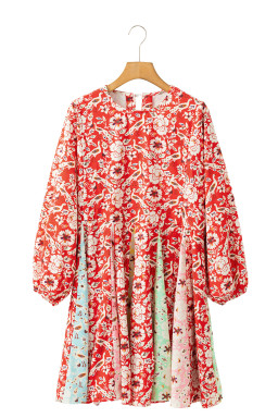 Red Boho Floral Patchwork Long Sleeve Pleated Dress