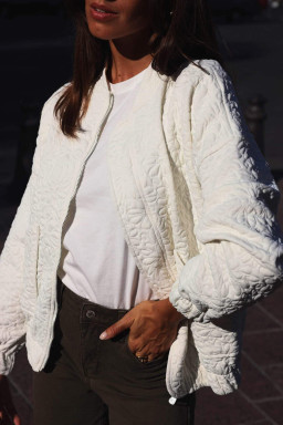 White Floral Embossed Plain Zip-up Jacket