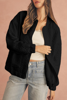 Black Floral Embossed Plain Zip Up Jacket