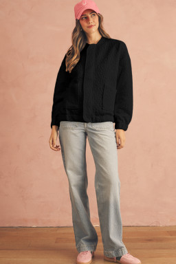 Black Floral Embossed Plain Zip Up Jacket