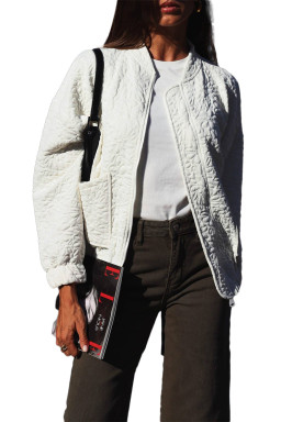 White Floral Embossed Plain Zip-up Jacket