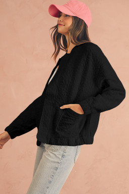 Black Floral Embossed Plain Zip Up Jacket