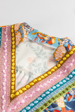 Multicolour Half Sleeve Boho Floral Pop of Color Neckline Blouse