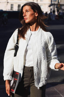 White Floral Embossed Plain Zip-up Jacket