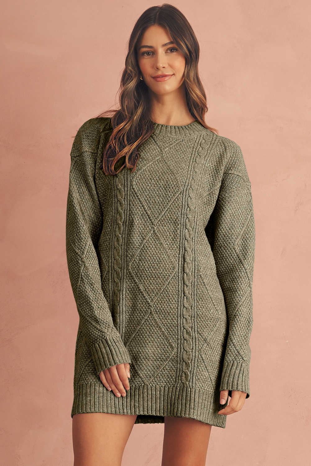Mist Green Twist Cable Knit Drop Shoulder Loose Fit Sweater Dress