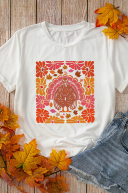 White Floral Turkey Printed Crewneck Thanksgiving Tee