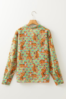 Green Tiger Floral Print Collared V Neck Shirt