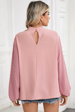 Gossamer Pink Swiss Dot Balloon Sleeve Patchwork Crinkle Blouse