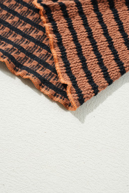 Brown Stripe Textured Long Sleeve Henley Top