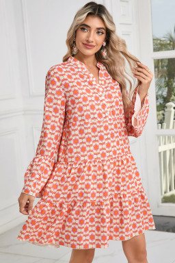 Orange Floral Button V Neck Bell Sleeve Mini Dress