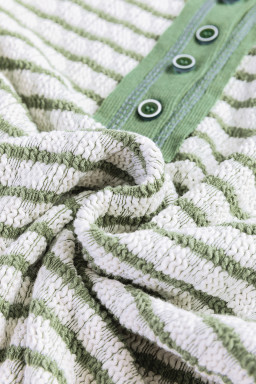 Green Stripe Textured Long Sleeve Henley Top