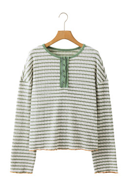 Green Stripe Textured Long Sleeve Henley Top