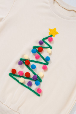 Beige Tinsel Christmas Tree Random Pompom Sweatershirt