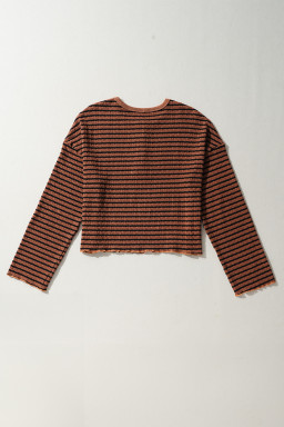 Brown Stripe Textured Long Sleeve Henley Top
