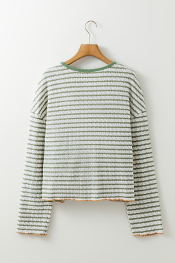 Green Stripe Textured Long Sleeve Henley Top