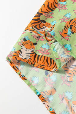 Green Tiger Floral Print Collared V Neck Shirt