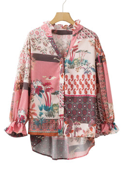 Red Boho Abstract Patchwork Bubble Sleeve Blouse