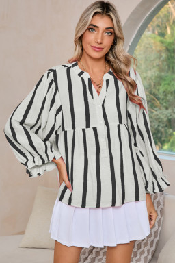 Black Stripe Crinkle Ruffle Sleeve Button Loose Top