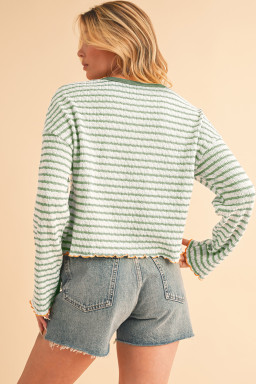 Green Stripe Textured Long Sleeve Henley Top