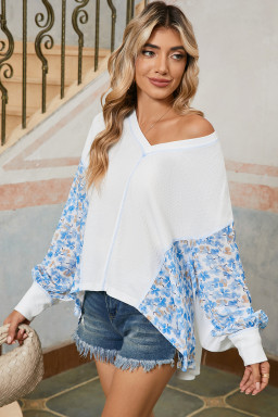 White Abstract Patchwork Waffle V Neck Dolman Top