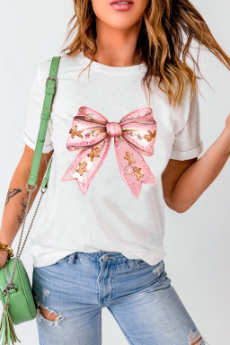 White Christmas Gingerbread Man Bowknot Print Crewneck Tee