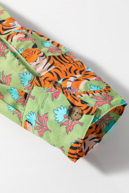 Green Tiger Floral Print Collared V Neck Shirt