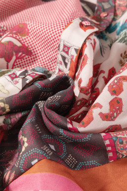 Red Boho Abstract Patchwork Bubble Sleeve Blouse