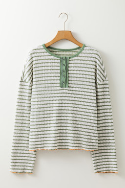 Green Stripe Textured Long Sleeve Henley Top