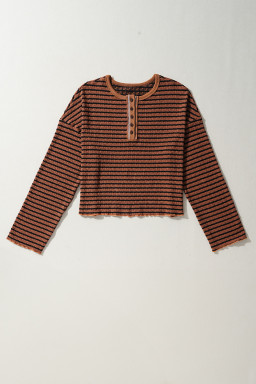 Brown Stripe Textured Long Sleeve Henley Top
