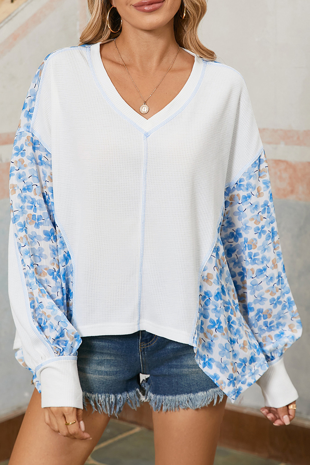 White Abstract Patchwork Waffle V Neck Dolman Top