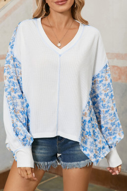 White Abstract Patchwork Waffle V Neck Dolman Top