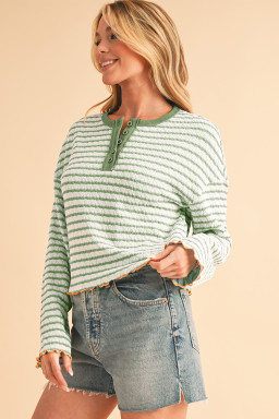 Green Stripe Textured Long Sleeve Henley Top