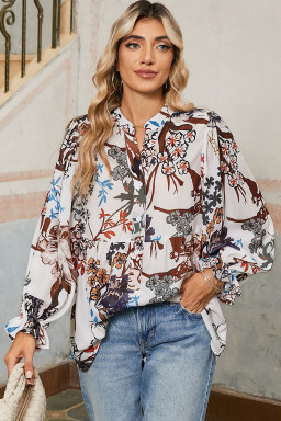 White Boho Print Lantern Sleeve V Neck Blouse