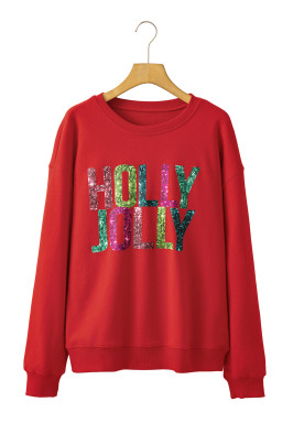 Red HOLLY JOLLY Heat Transfer Printing Graphic Christmas Pullover Sweatshirt