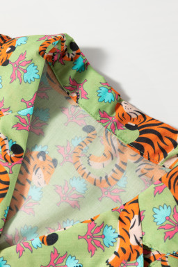 Green Tiger Floral Print Collared V Neck Shirt