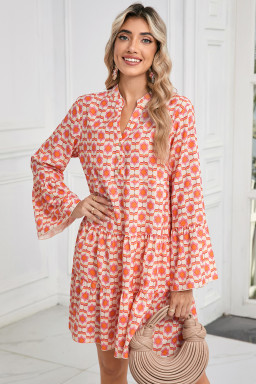 Orange Floral Button V Neck Bell Sleeve Mini Dress