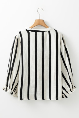 Black Stripe Crinkle Ruffle Sleeve Button Loose Top