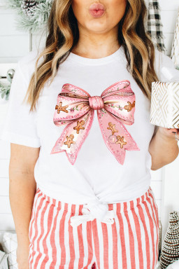 White Christmas Gingerbread Man Bowknot Print Crewneck Tee