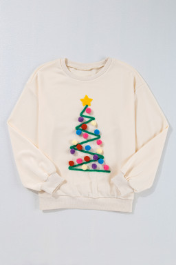 Beige Tinsel Christmas Tree Random Pompom Sweatershirt