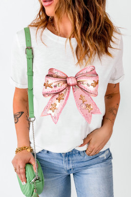 White Christmas Gingerbread Man Bowknot Print Crewneck Tee