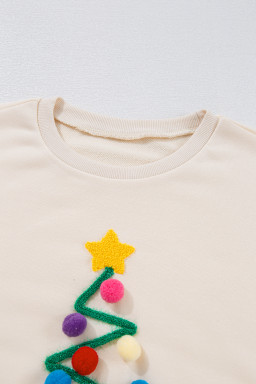 Beige Tinsel Christmas Tree Random Pompom Sweatershirt