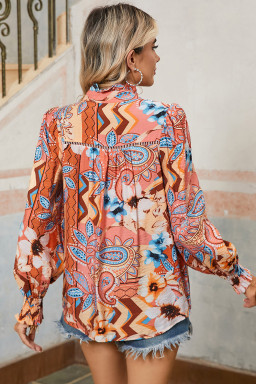 Orange Floral Print Shirred Cuff Buttoned Loose Fit Shirt
