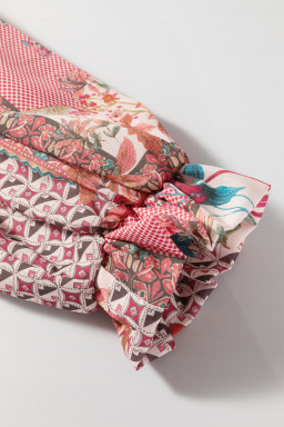 Red Boho Abstract Patchwork Bubble Sleeve Blouse